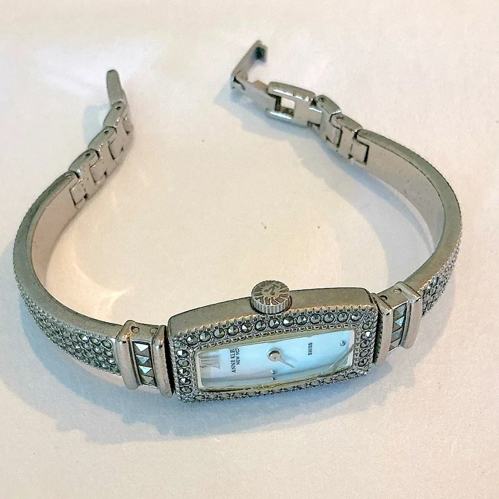 Vintage Anne Klein Marcasite Bracelet Watch Mother of Pearl